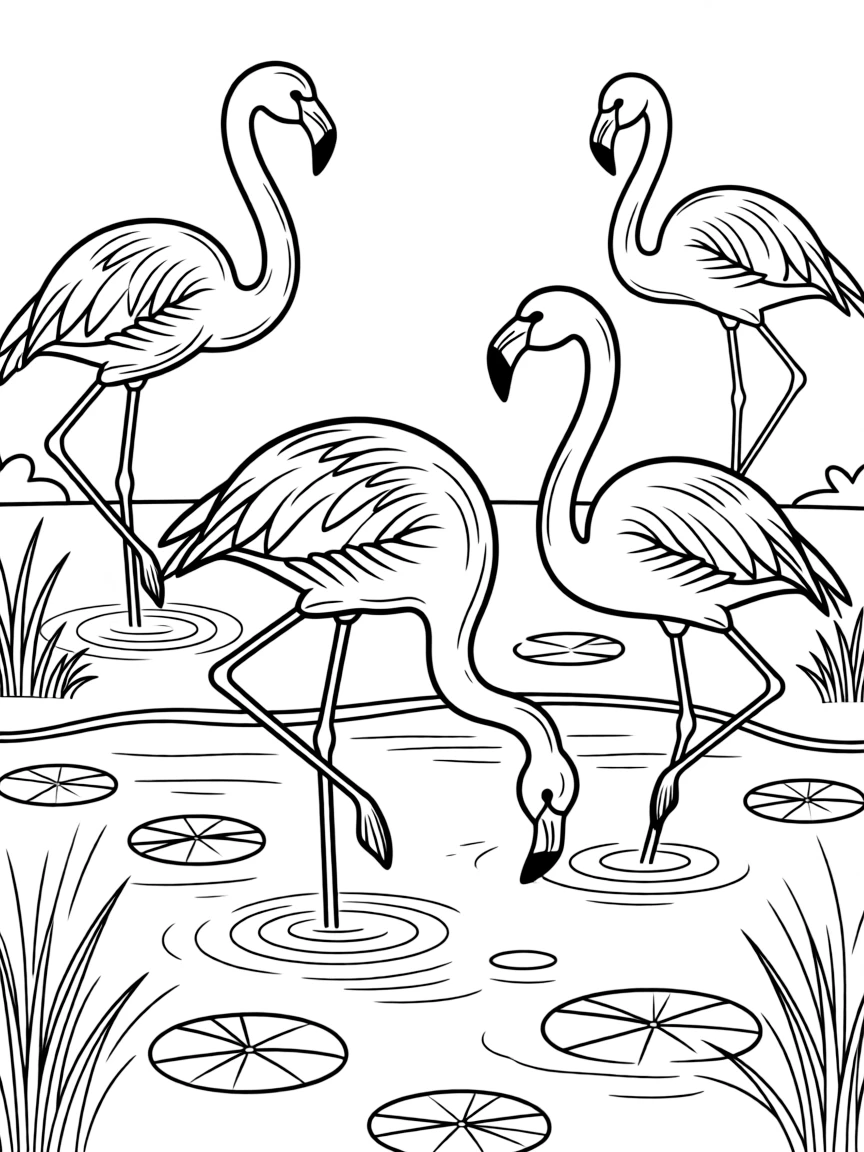 A group of flamingos standing in a shallow lagoon.