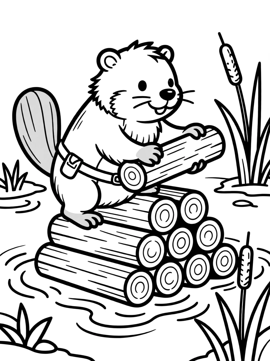 A beaver building a dam with wooden logs.