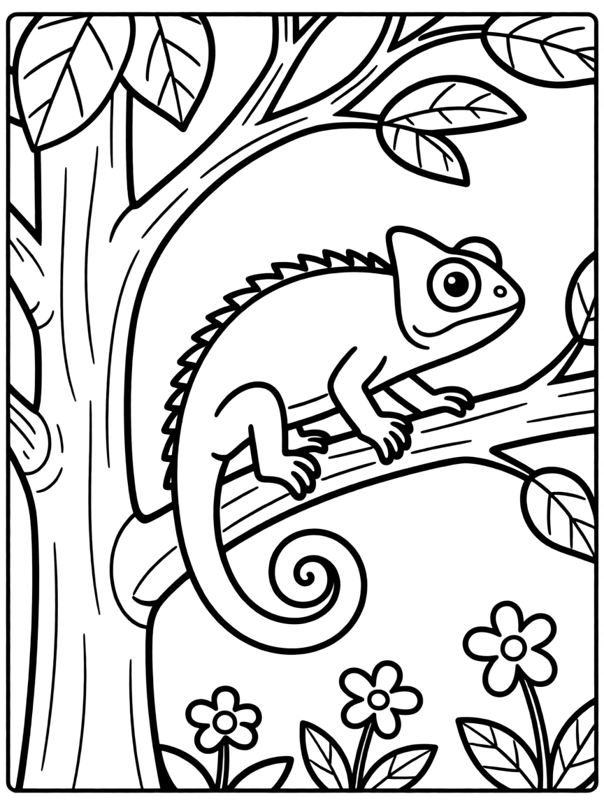 A chameleon blending into its environment on a tree.