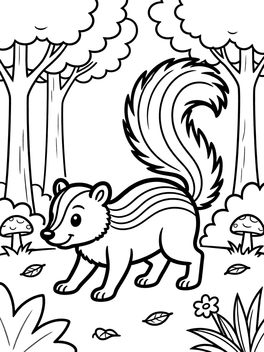 A skunk walking through the forest with its tail raised high.