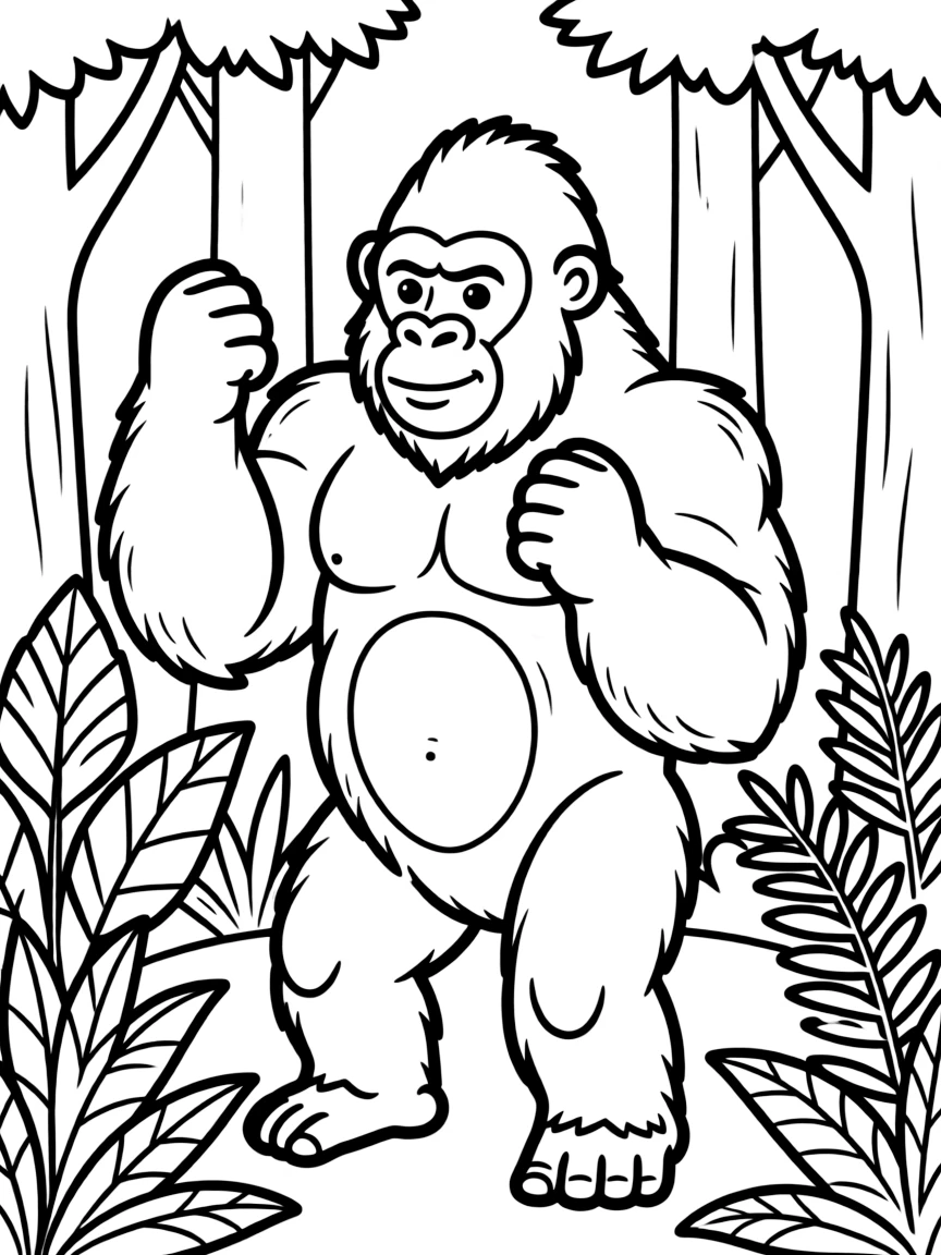 A gorilla beating its chest in the jungle.