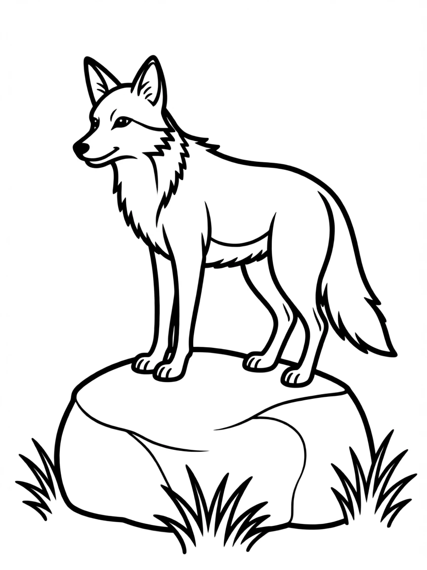 A coyote standing on a rock, surveying its territory.
