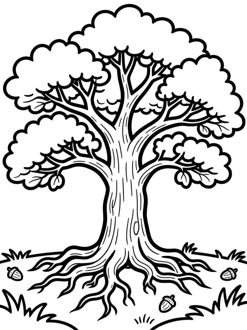 Ancient oak tree with sprawling branches and exposed roots