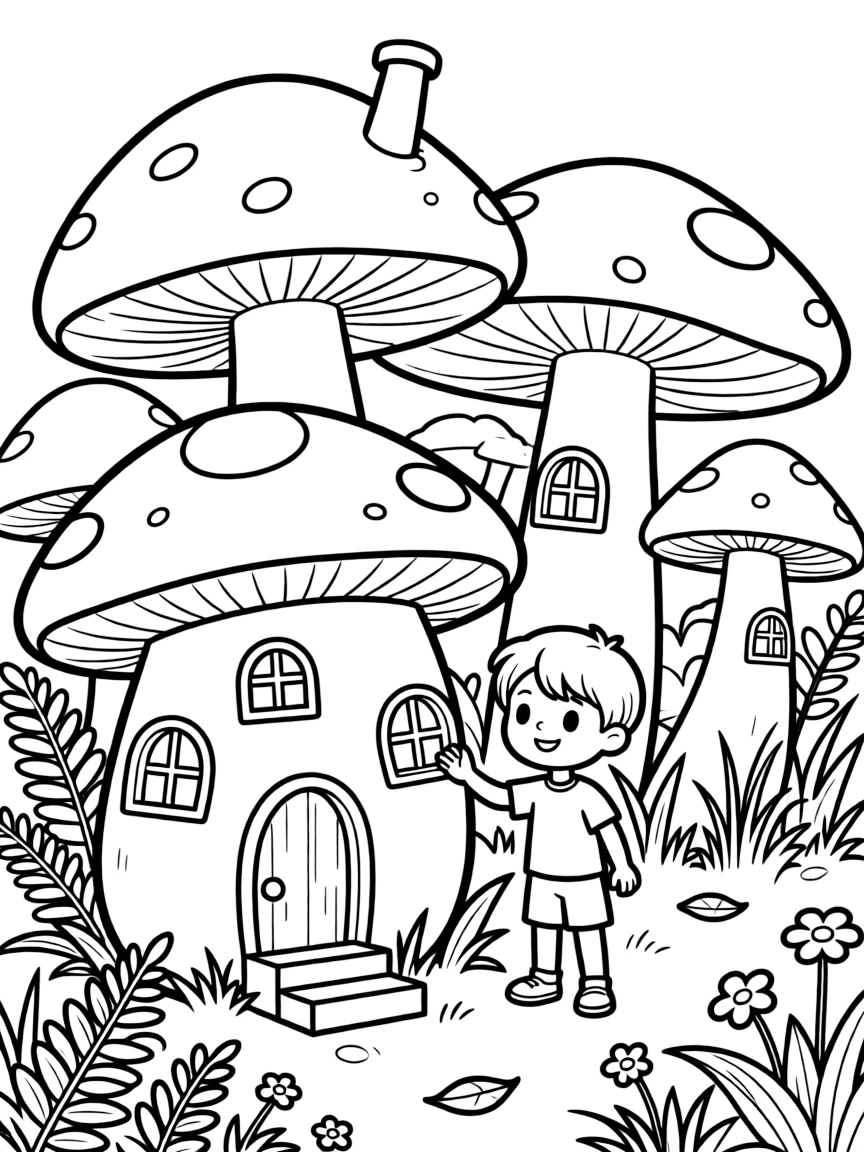 Mushroom village with tiny doors and windows hidden among forest floor