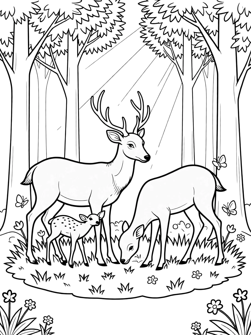 Deer family grazing in a sunlit forest clearing