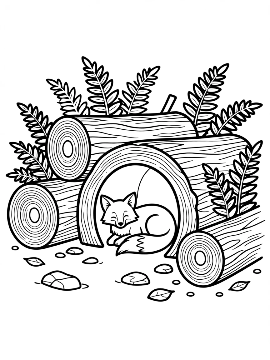 Fox den nestled under fallen logs and ferns
