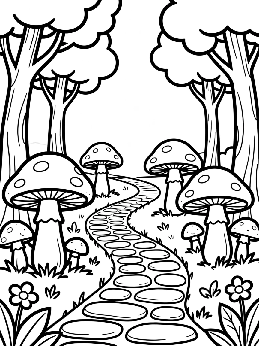 Enchanted forest pathway lined with glowing mushrooms