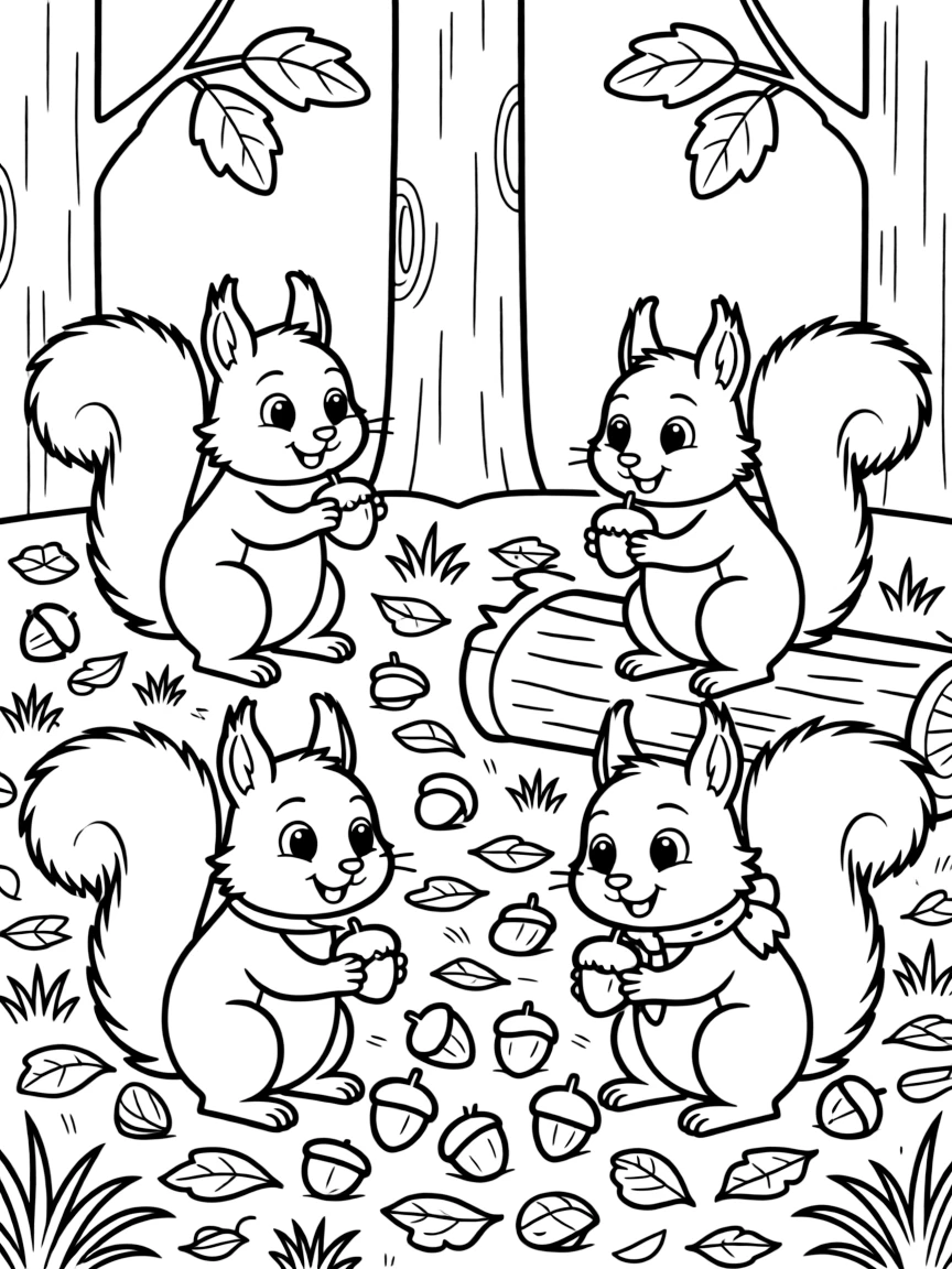 Squirrels gathering acorns on forest floor