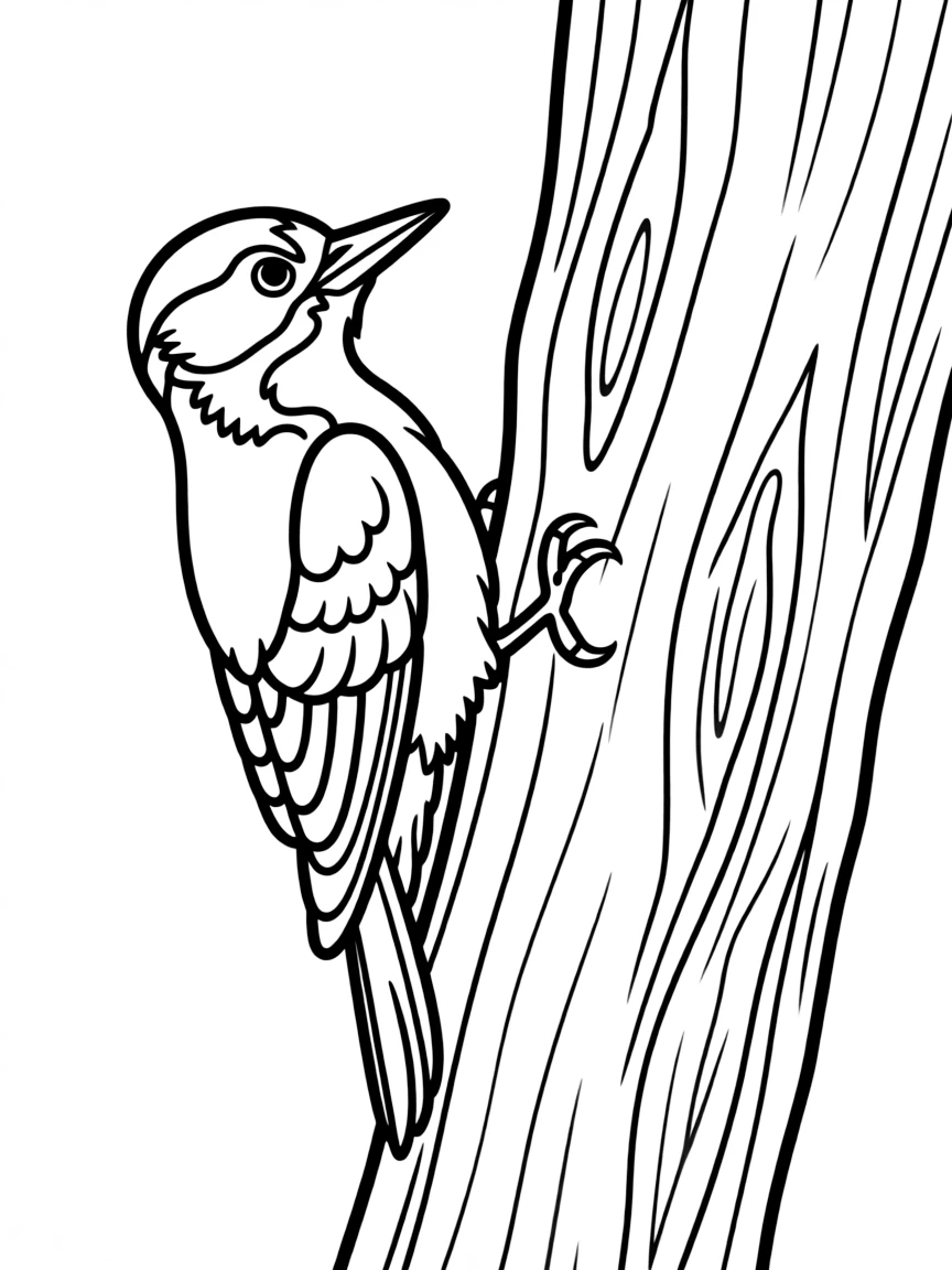 Woodpecker on the side of a textured tree trunk