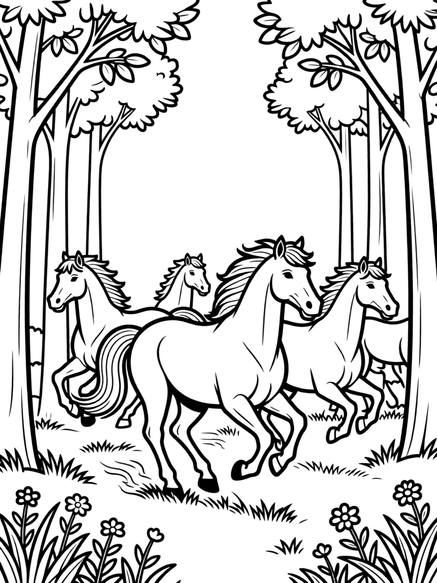 Wild horses running through a forest opening