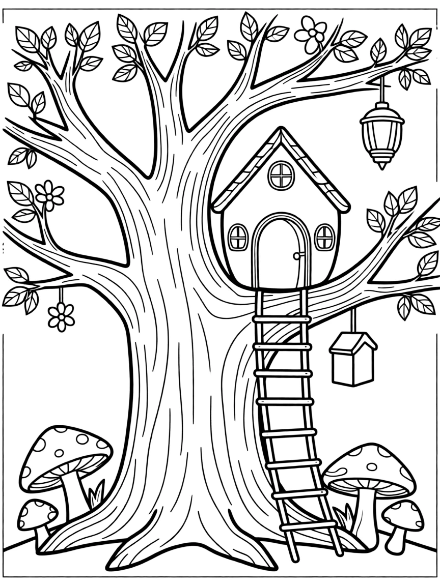 Fairy tree house built into the crook of a massive oak