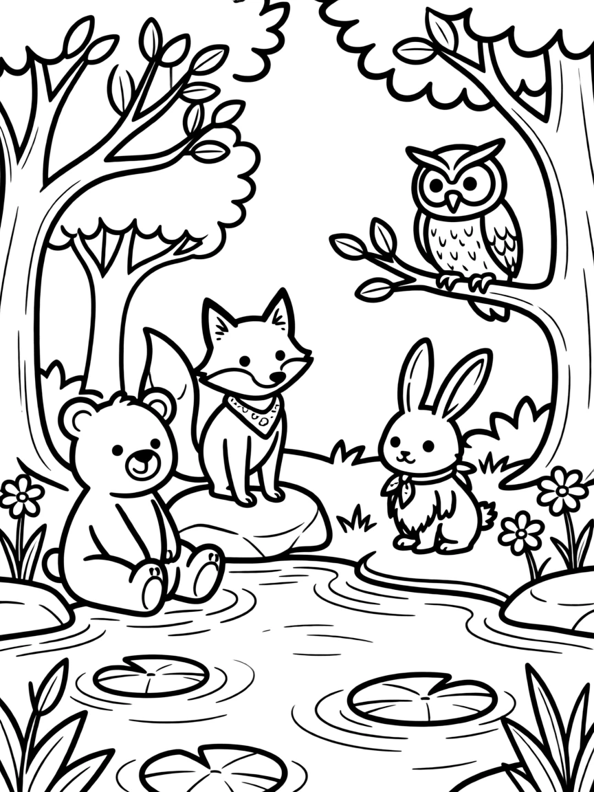 Forest creatures gathering around a woodland pond