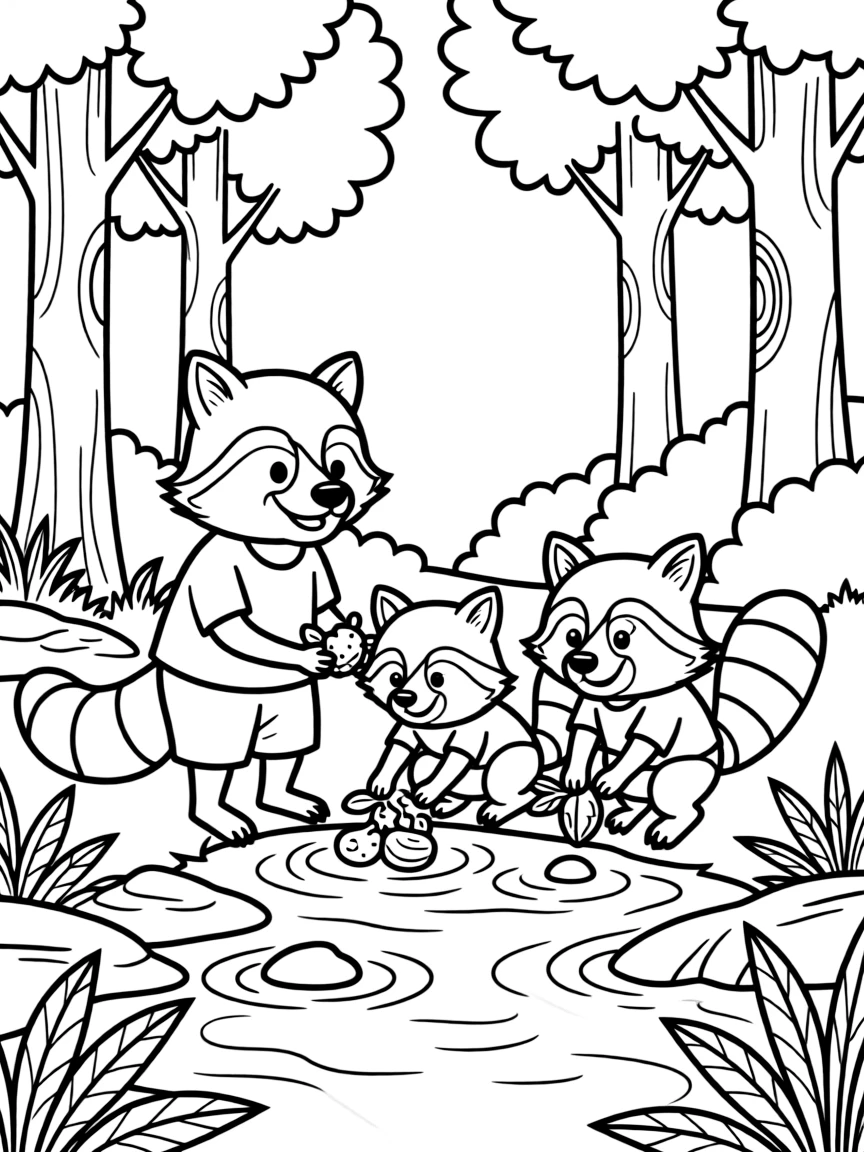 Raccoon family washing food at the edge of a forest stream