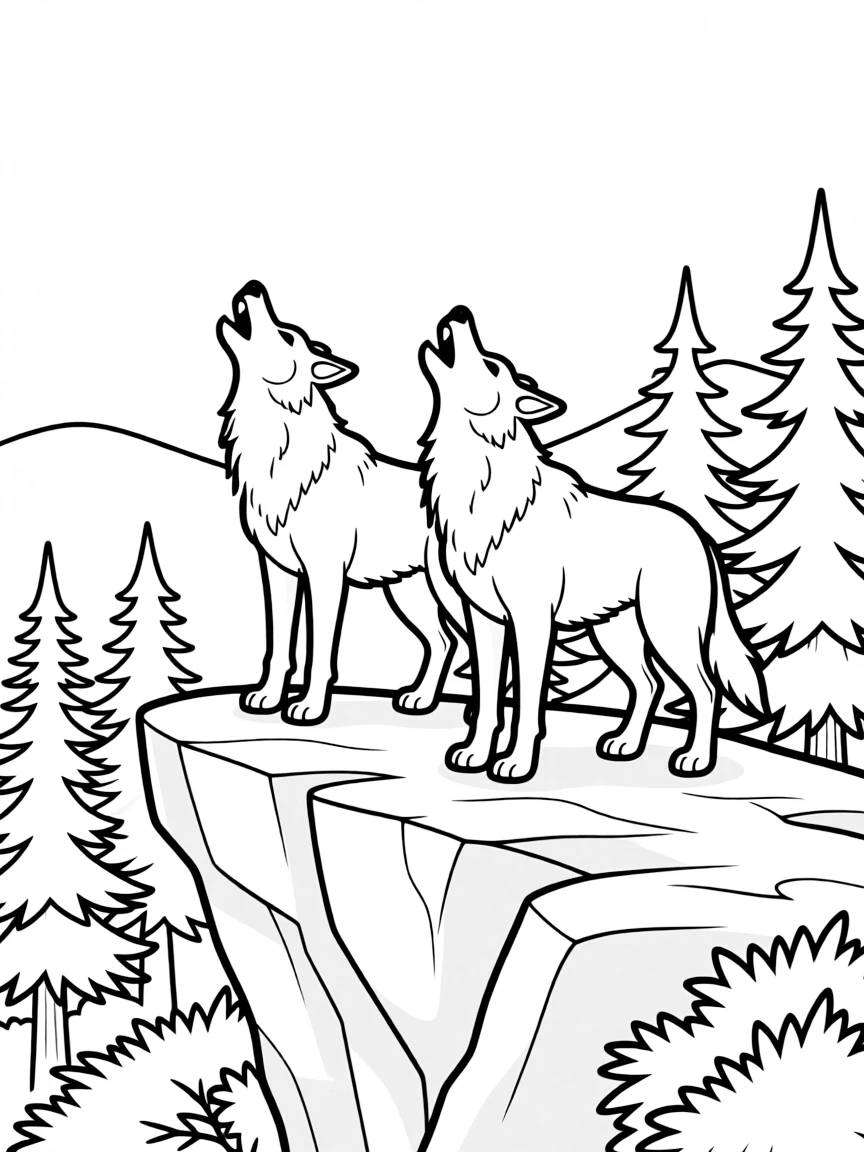 Wolves howling from a rocky forest overlook