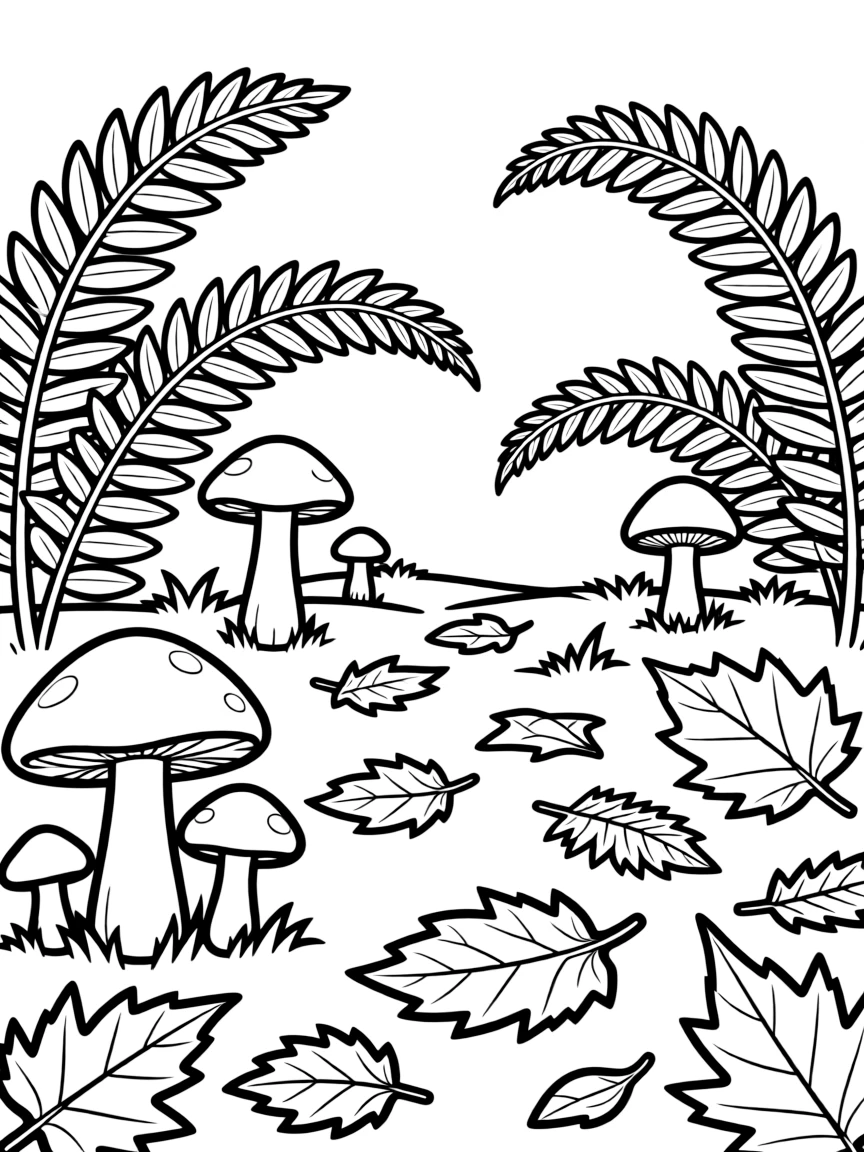 Forest floor detailed with ferns, mushrooms, and fallen leaves