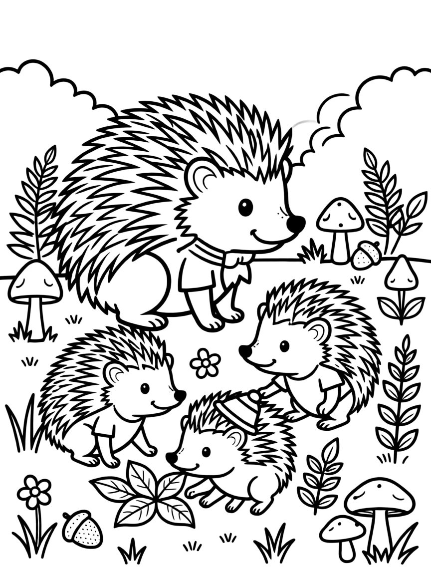 Family of hedgehogs foraging among forest underbrush