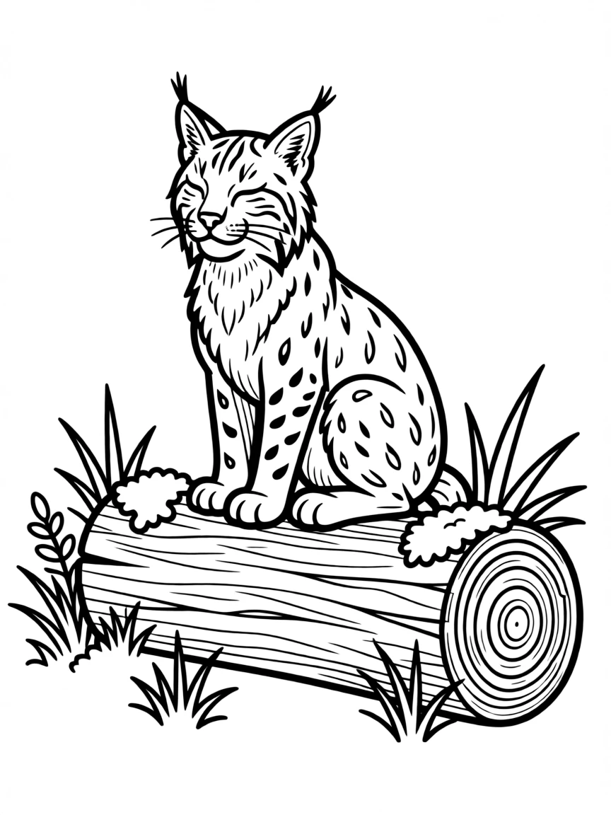 Lynx resting on a fallen log covered in moss