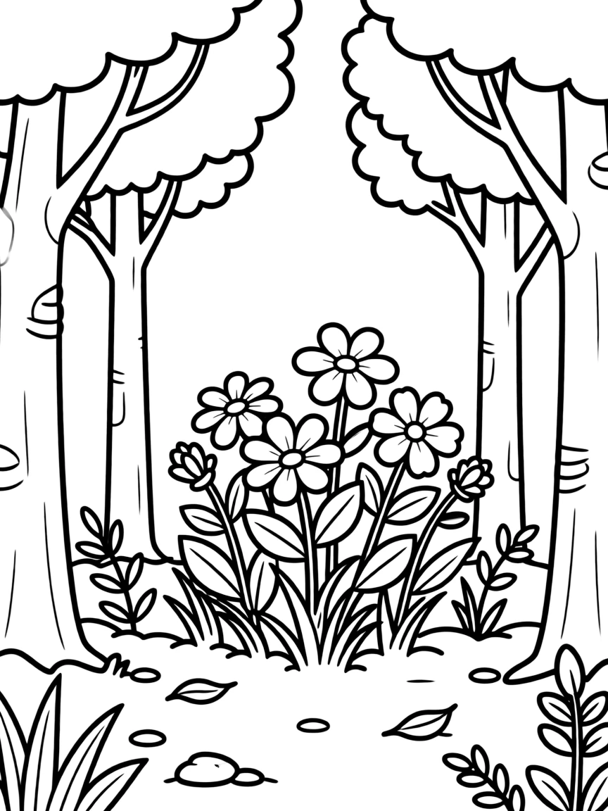 Forest wildflowers blooming in a patch of sunlight