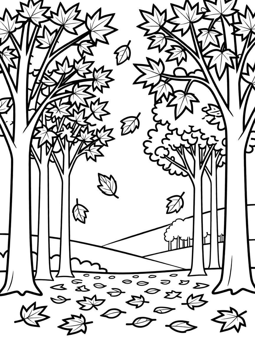 Maple forest in autumn with detailed falling leaves