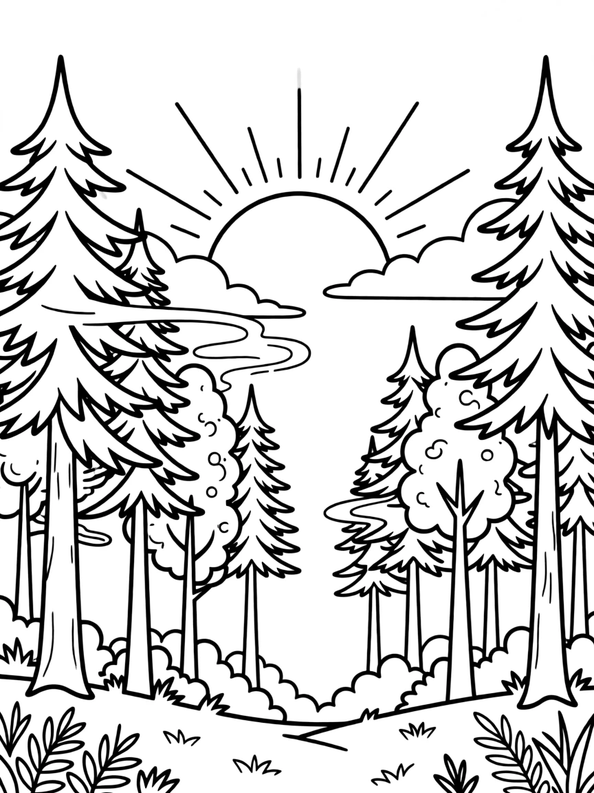 Dawn breaking over misty forest treetops