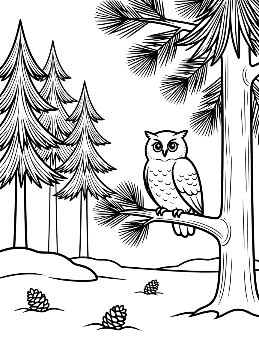 Snowy owl perched in a winter pine forest