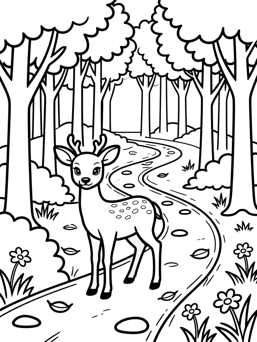 Deer following a winding path through dense woods