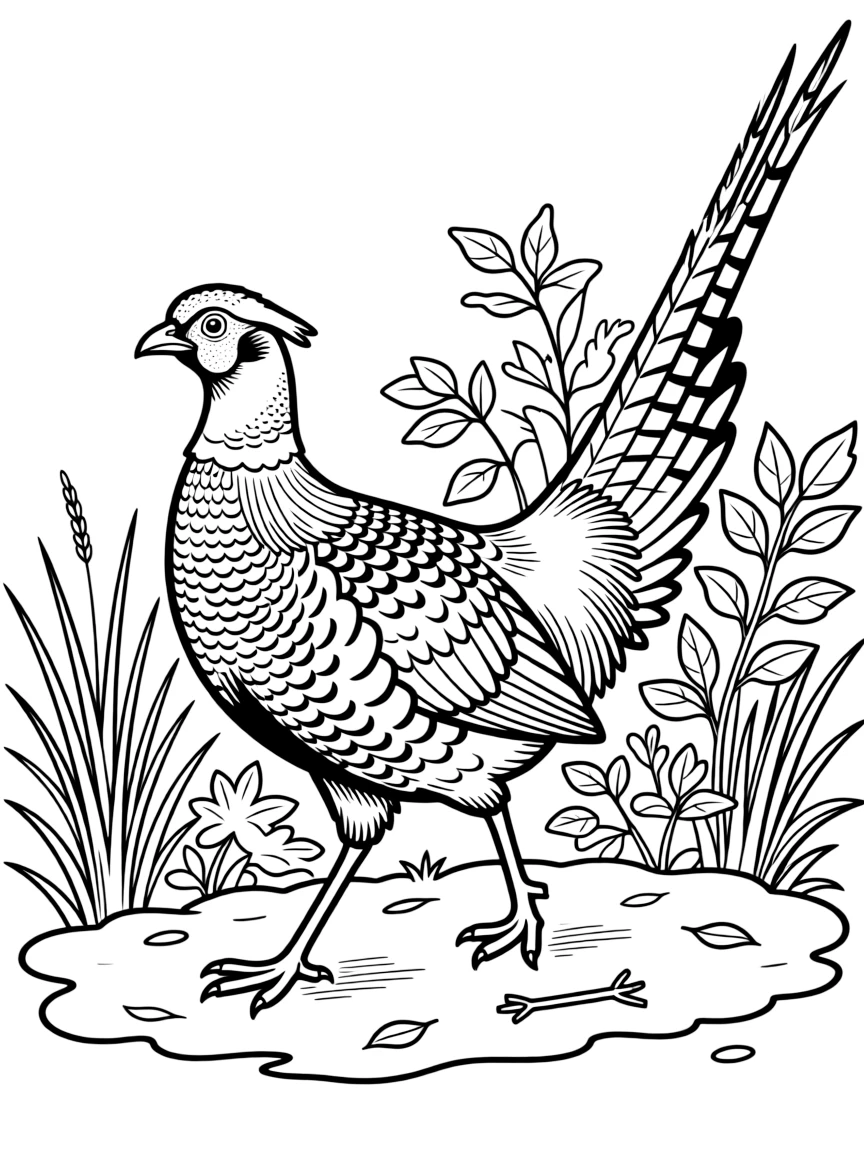 Pheasant walking through undergrowth with detailed feathers