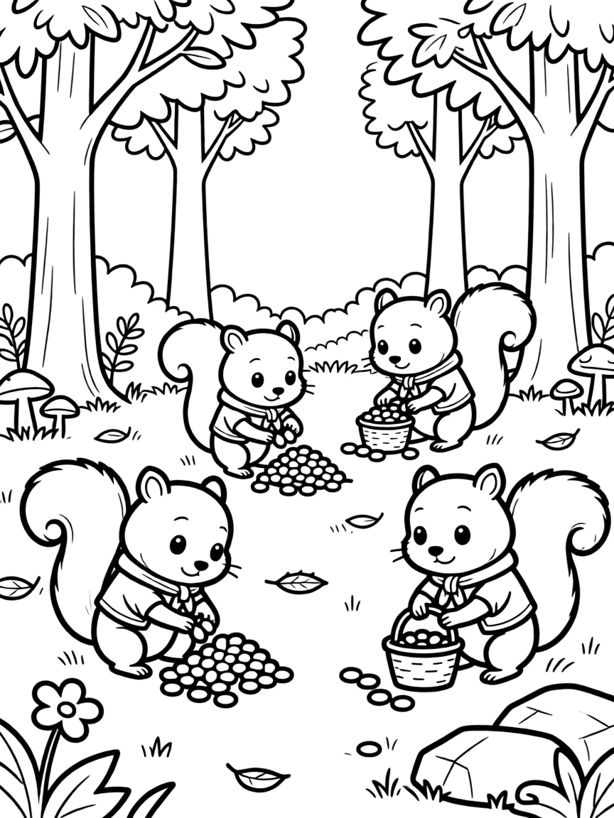 Family of chipmunks gathering seeds in a forest glade