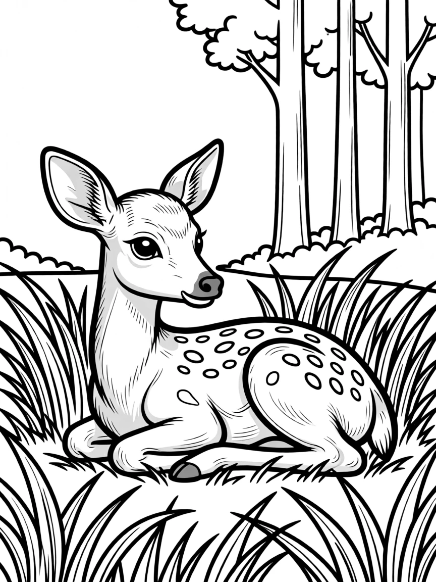 Fawn resting in tall grass at forest edge