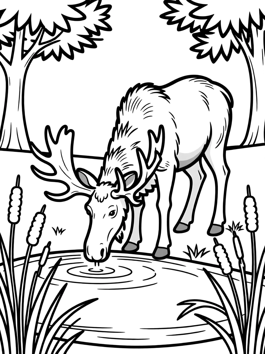 Moose drinking from a forest pond surrounded by cattails