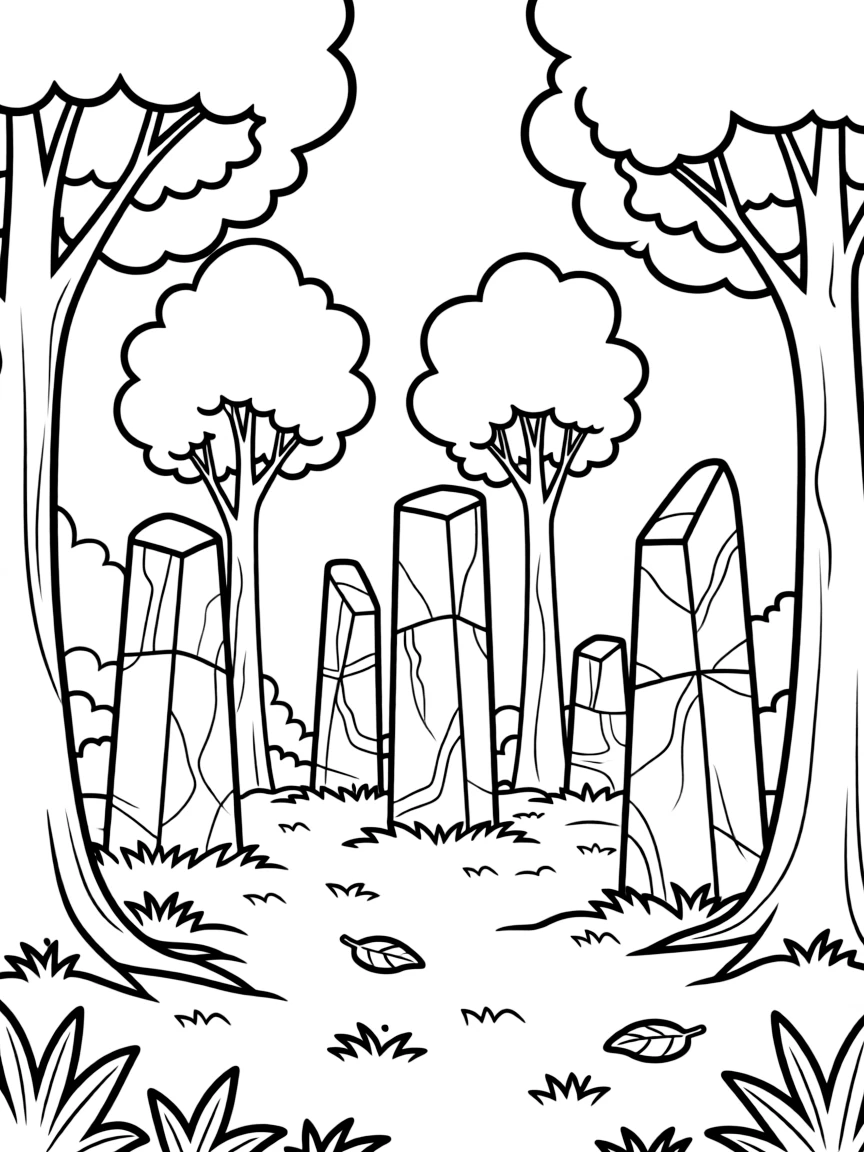 Sacred grove with ancient stone monoliths among the trees