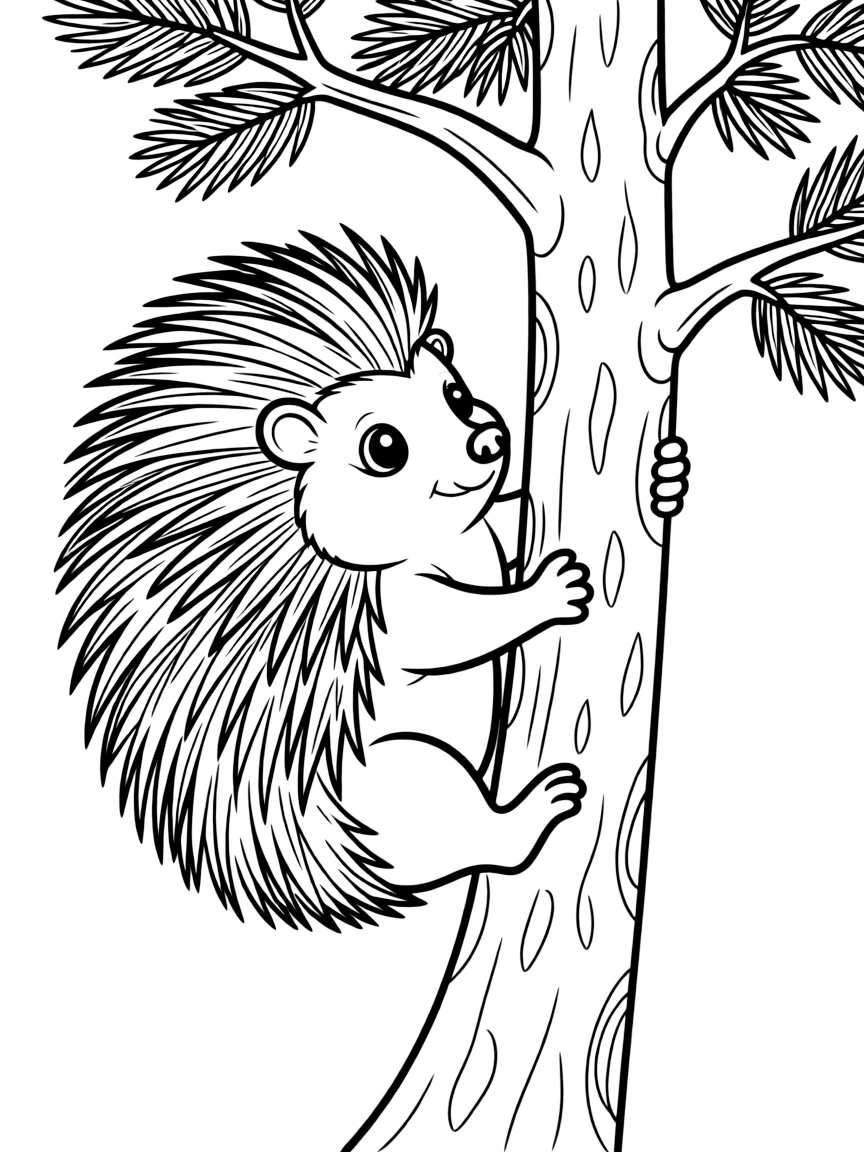 Porcupine climbing a textured pine tree
