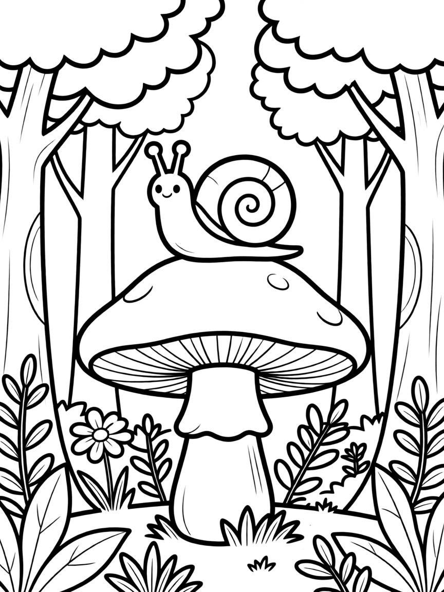 Snail on a mushroom with intricate forest background