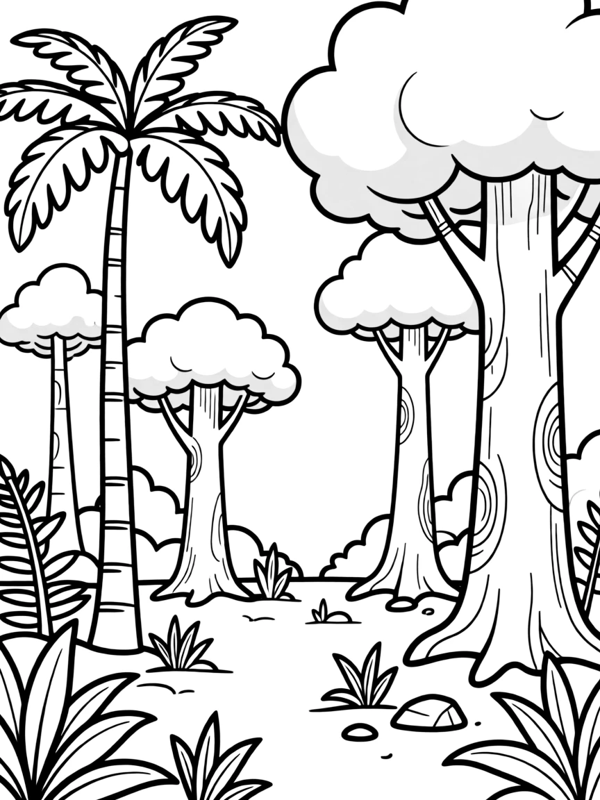 Prehistoric forest with towering ferns and primitive trees