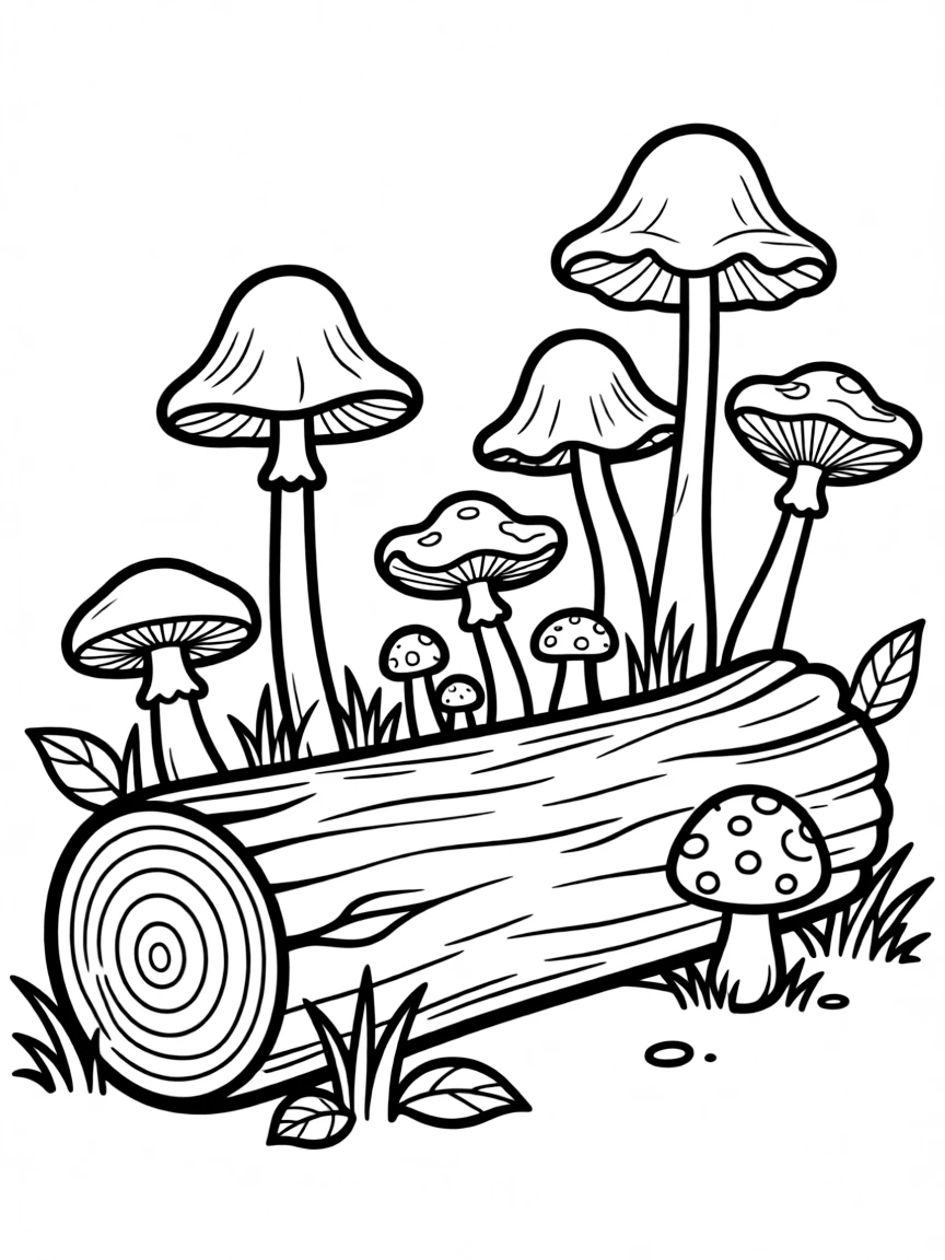 Forest fungi in various shapes growing on a fallen log