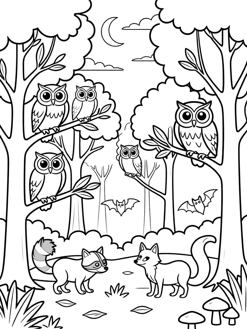 Nighttime forest scene with owls and nocturnal creatures
