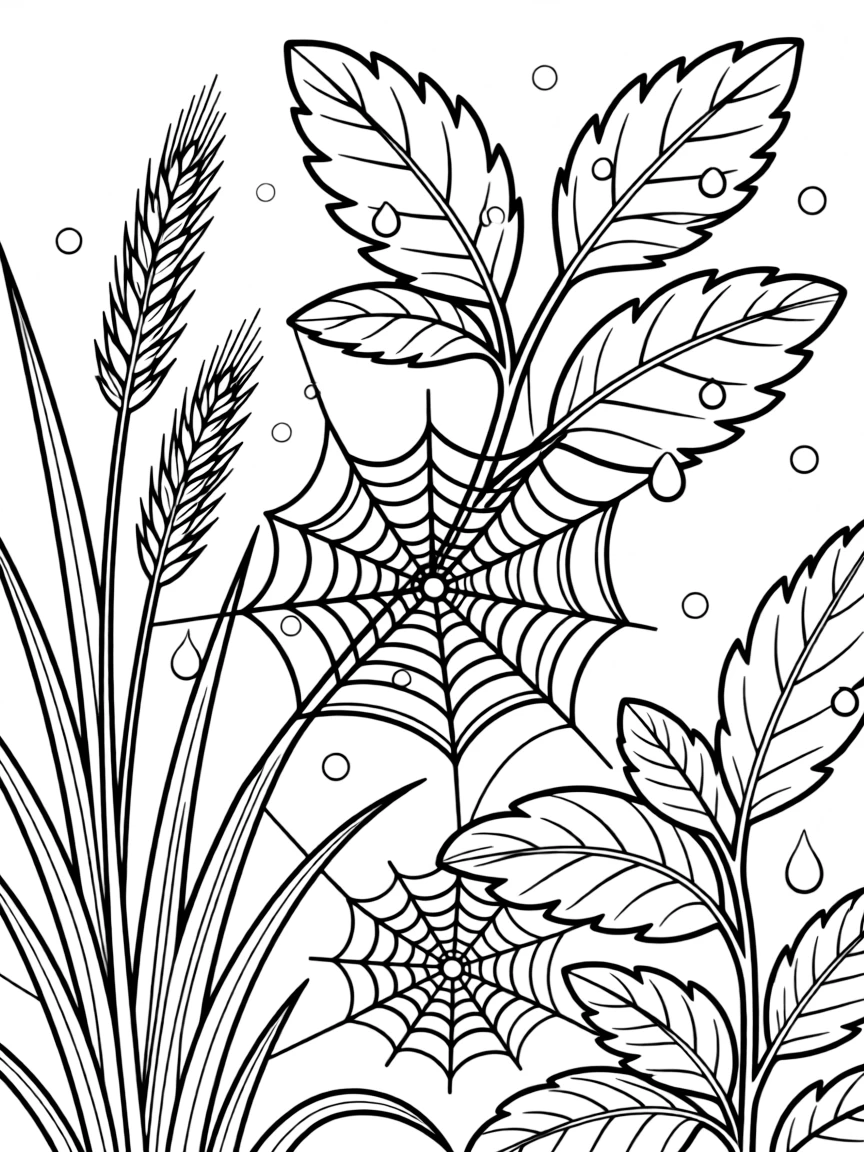 Morning dew on intricate spider webs between forest plants