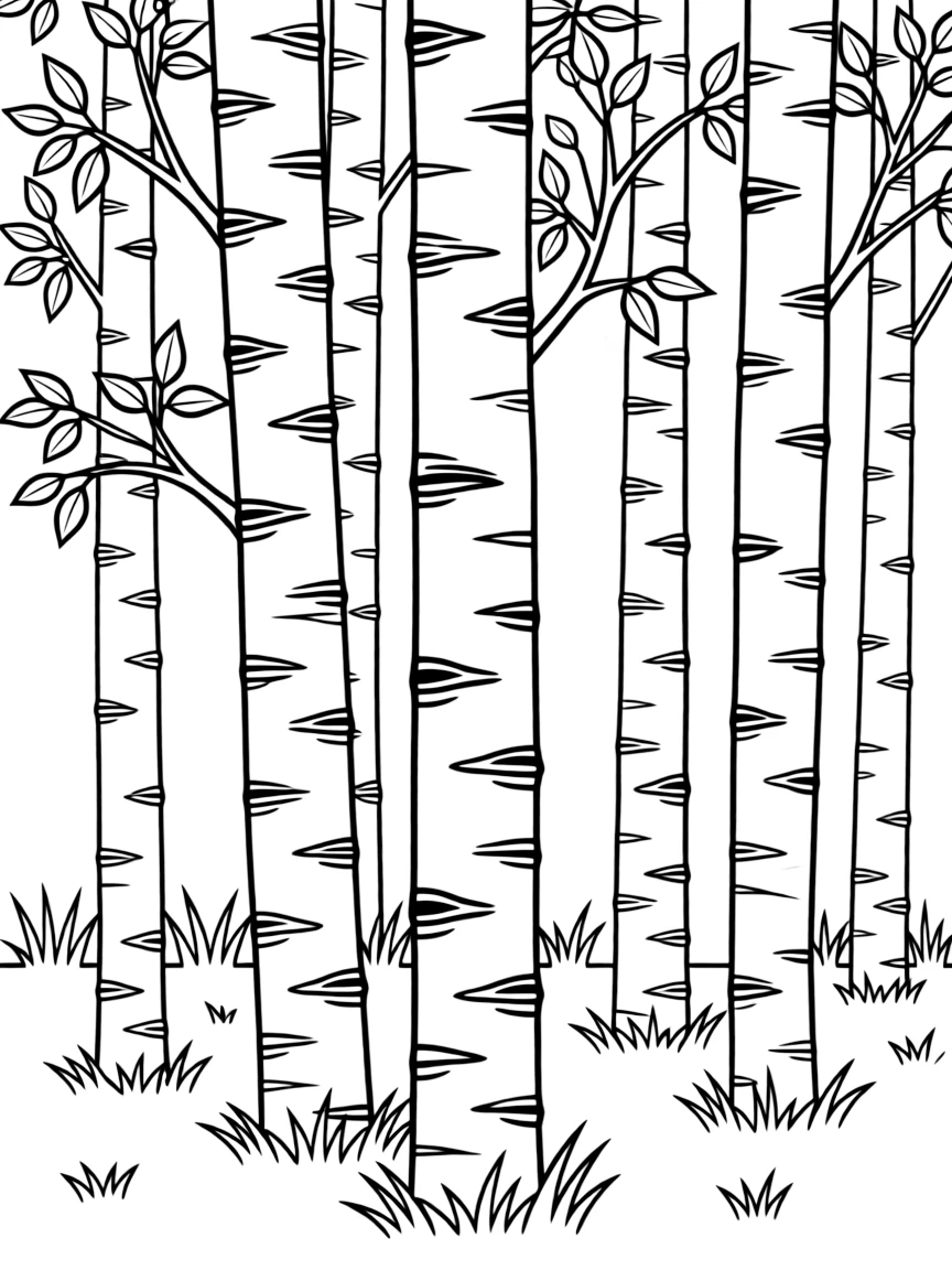 Grove of aspen trees with detailed white bark