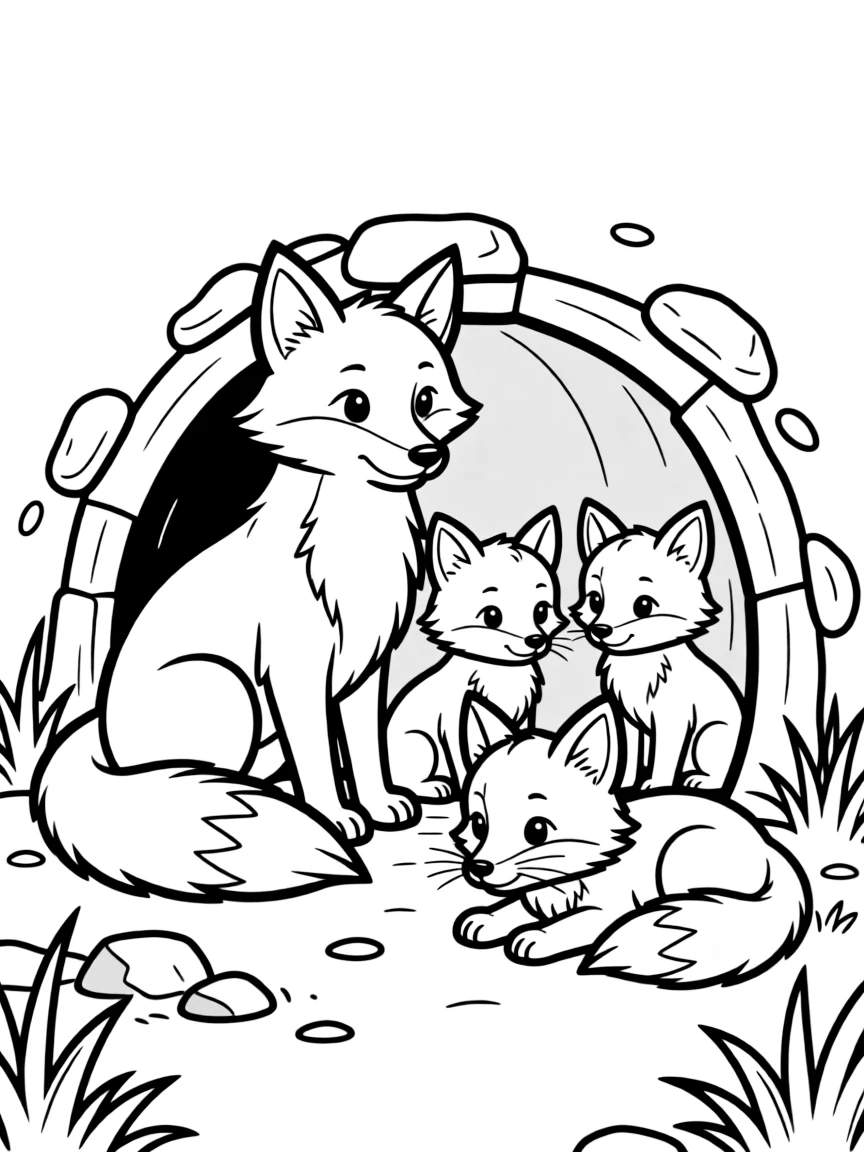 Mother fox with kits at den entrance