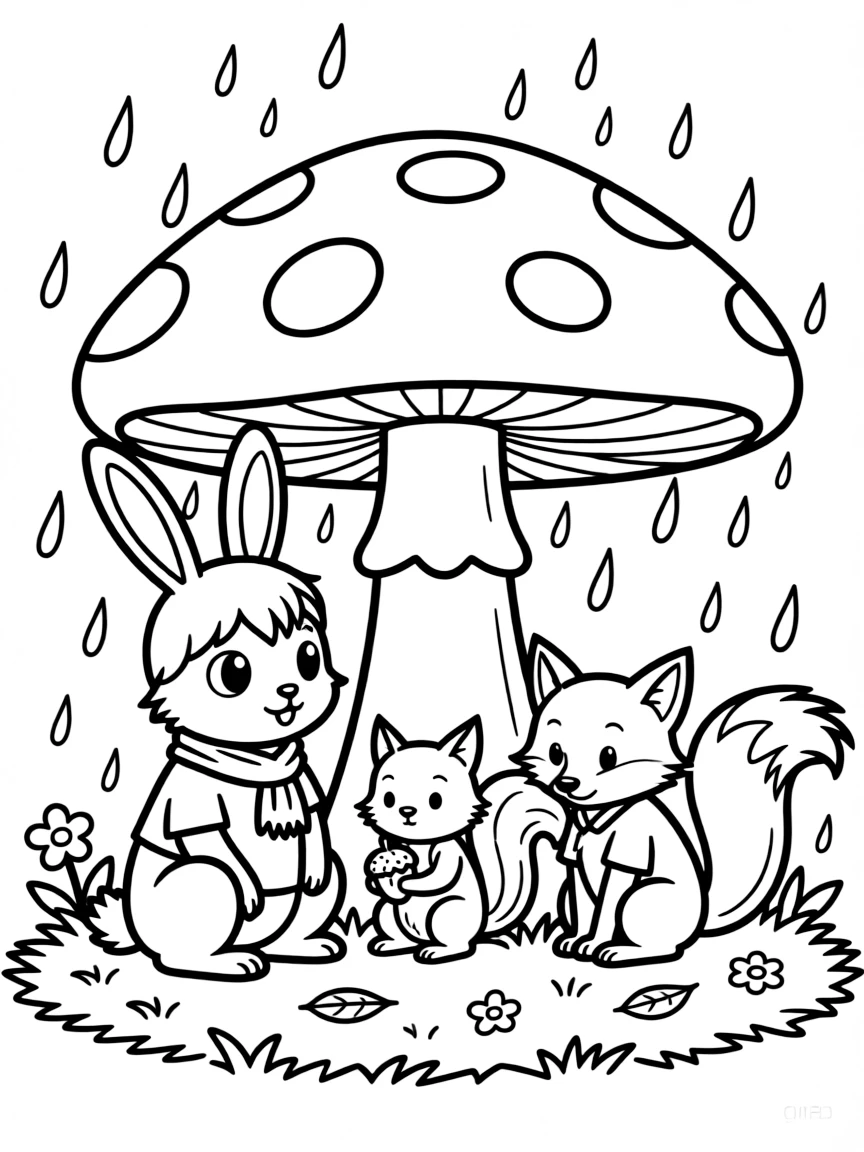 Woodland creatures sheltering from rain under giant mushroom