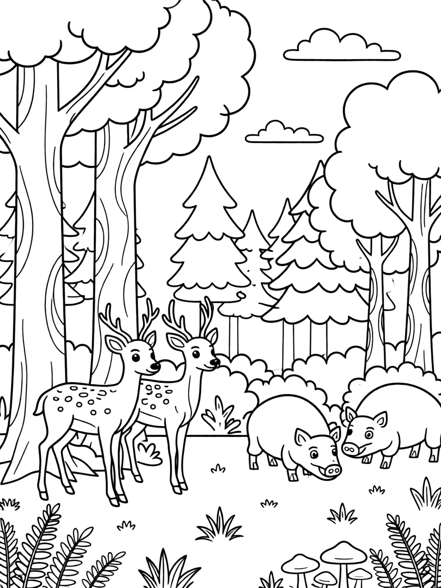 European wild forest with boars and deer