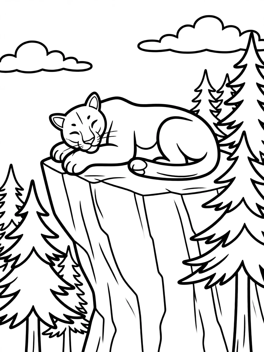 Cougar resting on a high forest rock ledge