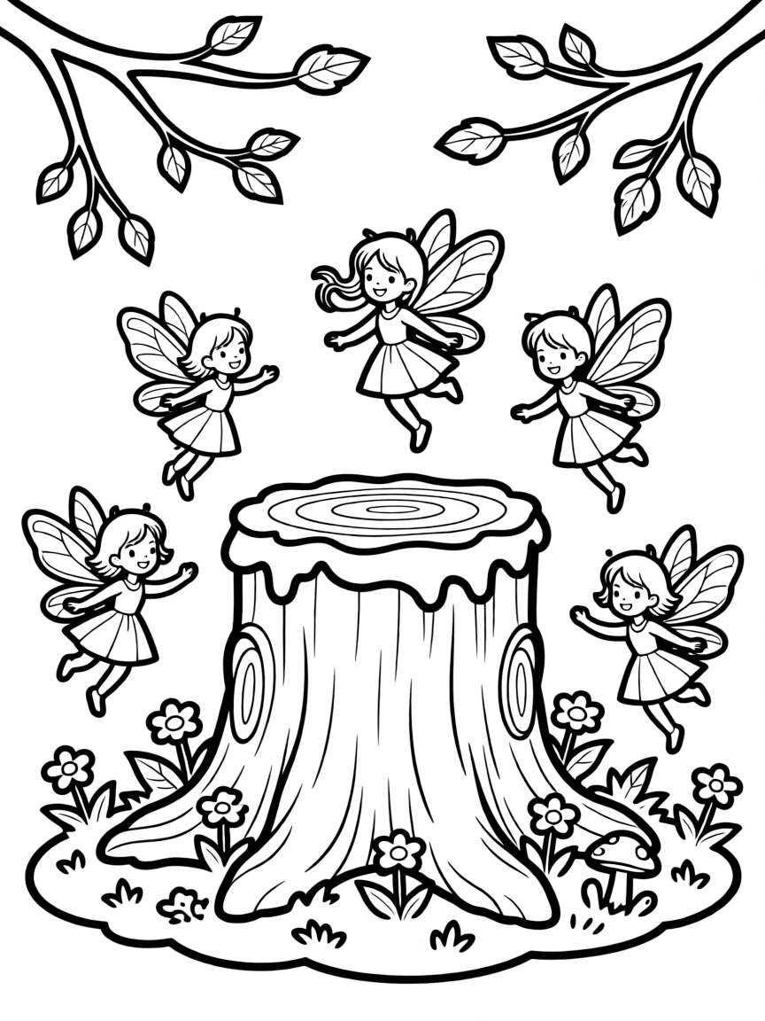 Forest fairies dancing around a moss-covered stump