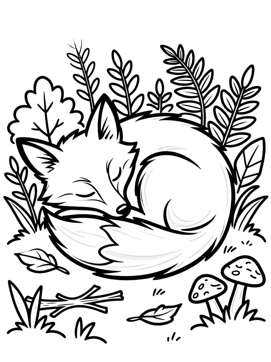 Sleeping fox curled up in forest undergrowth