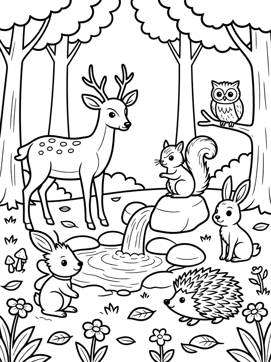 Forest creatures gathered around a natural spring
