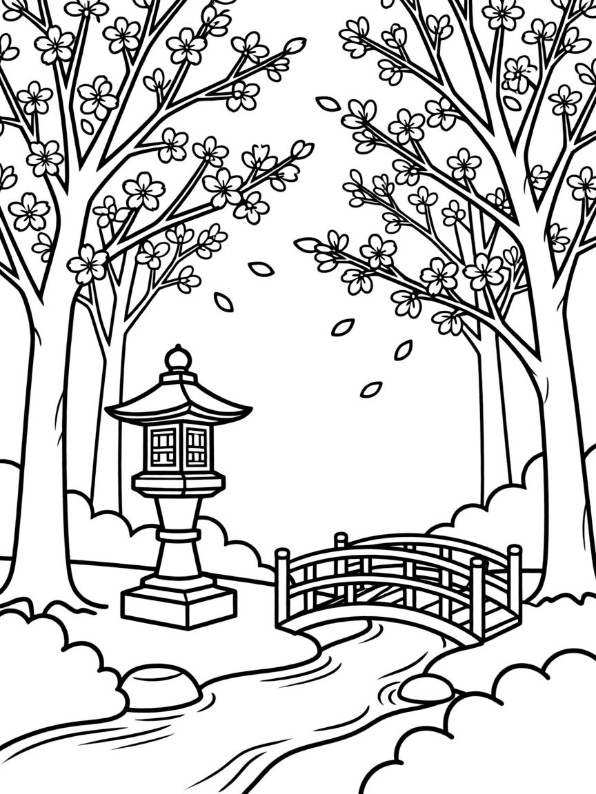 Japanese forest with cherry blossoms and traditional elements