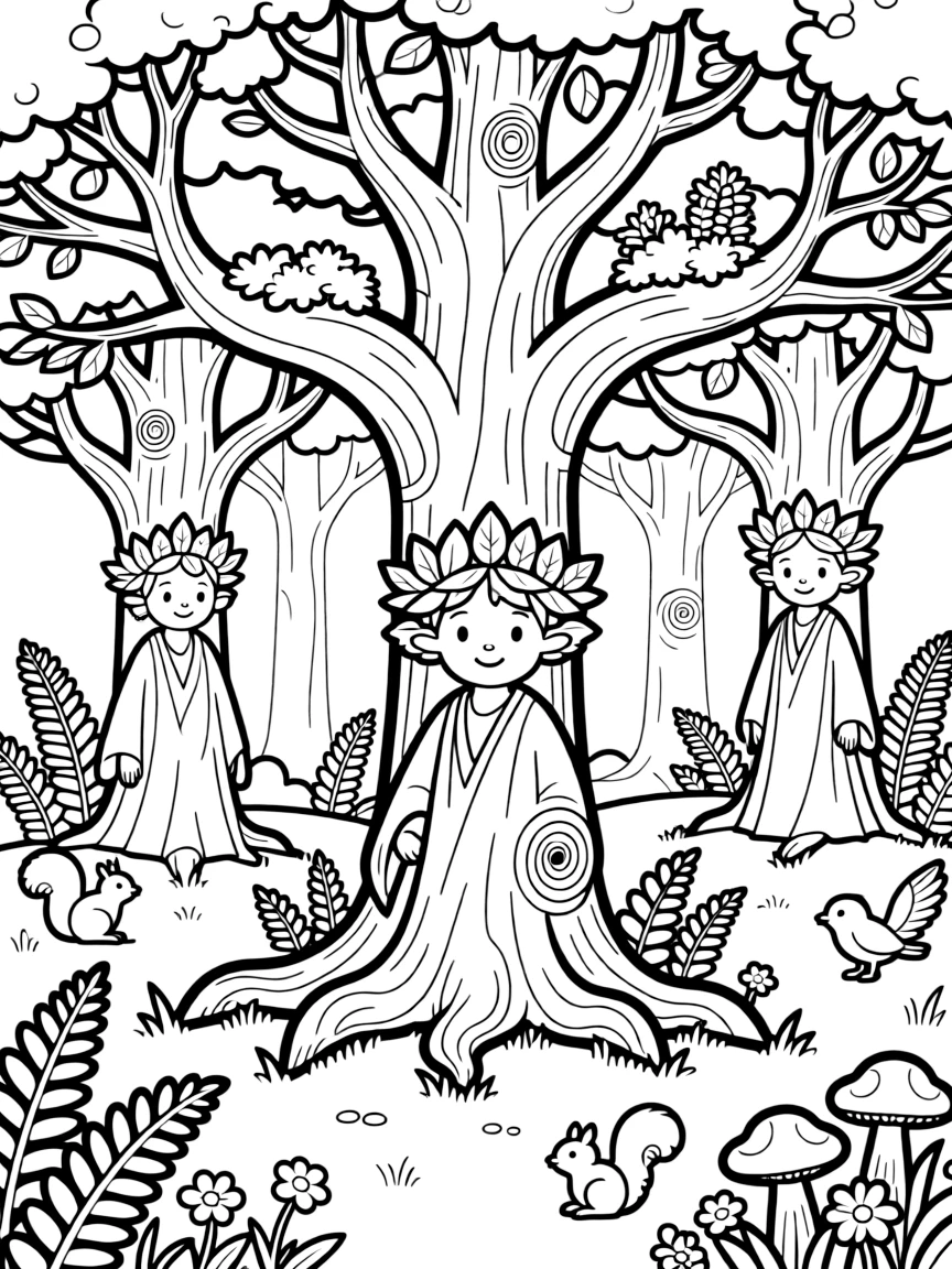Tree spirits with faces hidden in forest elements