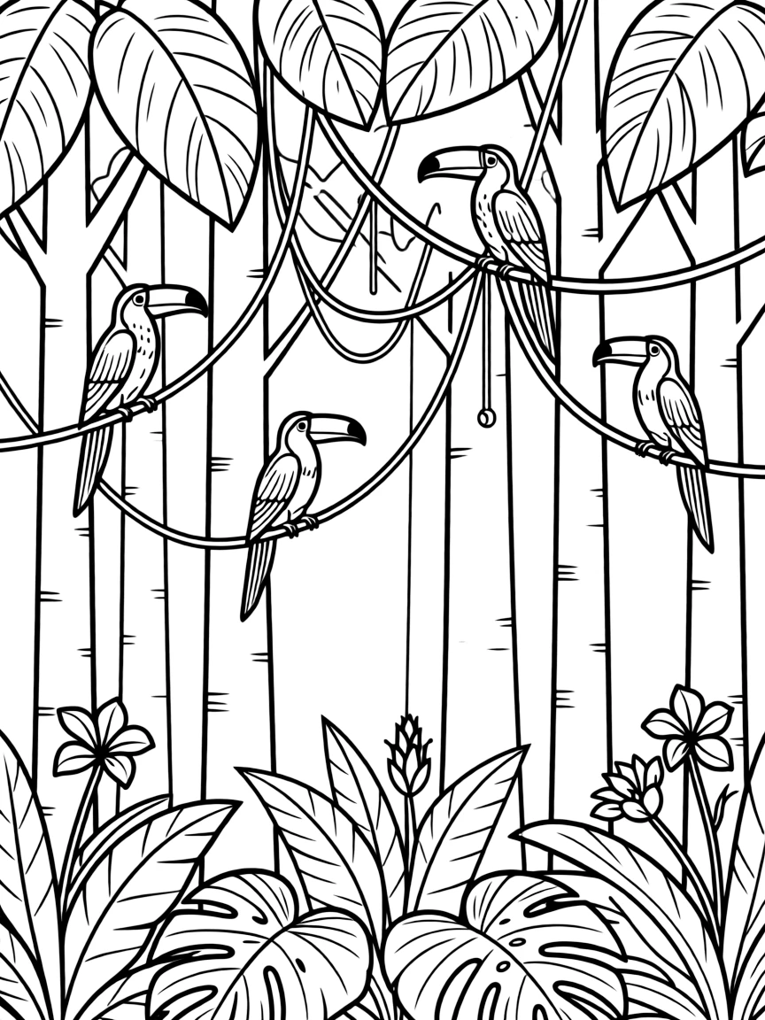 Tropical forest with hanging vines and exotic birds