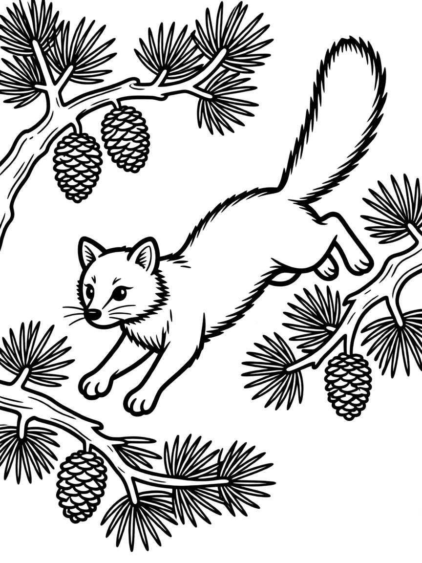 Marten leaping between pine branches
