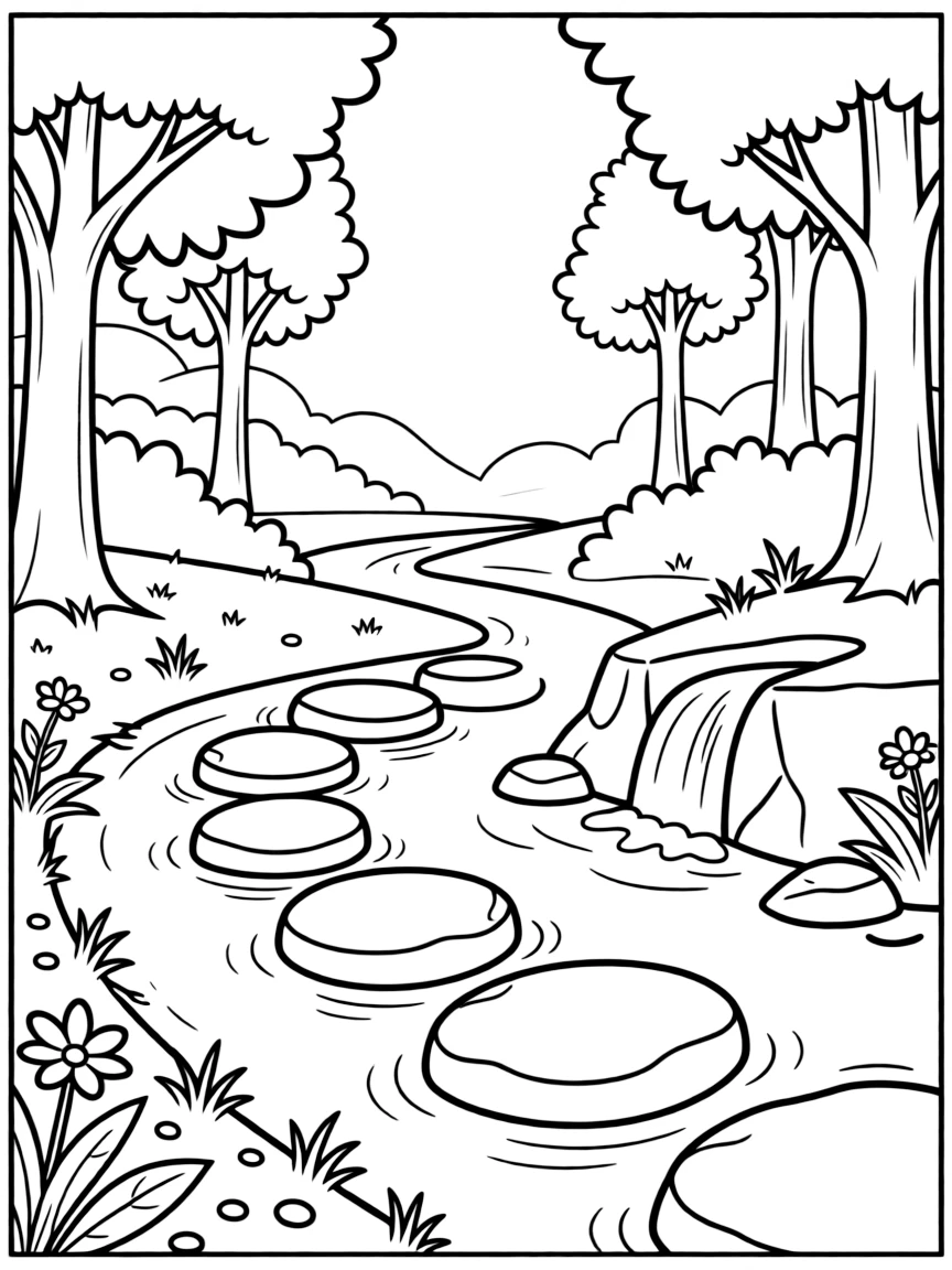 Forest creek with stepping stones and tiny waterfall